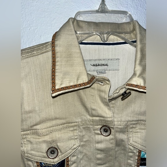UNIQUE Merona brand size XS tan jean jacket with brand tags handmade - Picture 6 of 8
